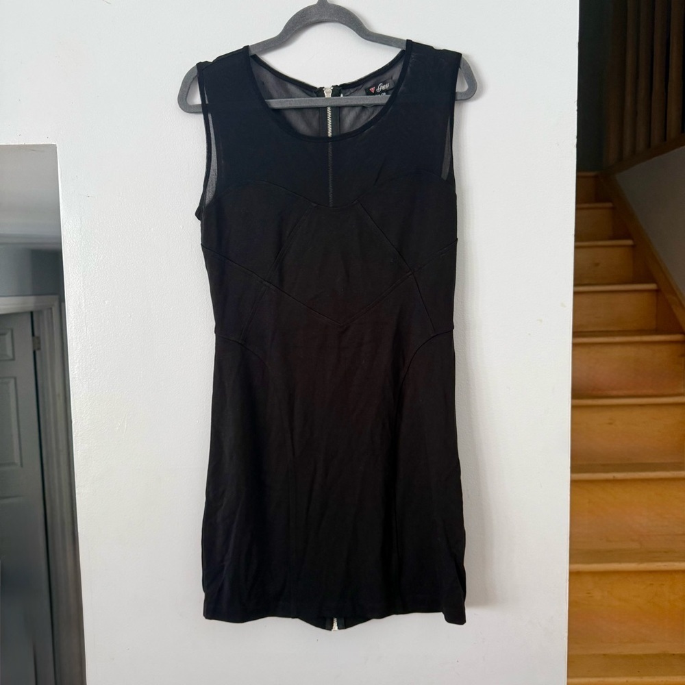 GUESS Black Bodycon Mini Dress with Sheer Mesh Yoke & Geometric Stitching